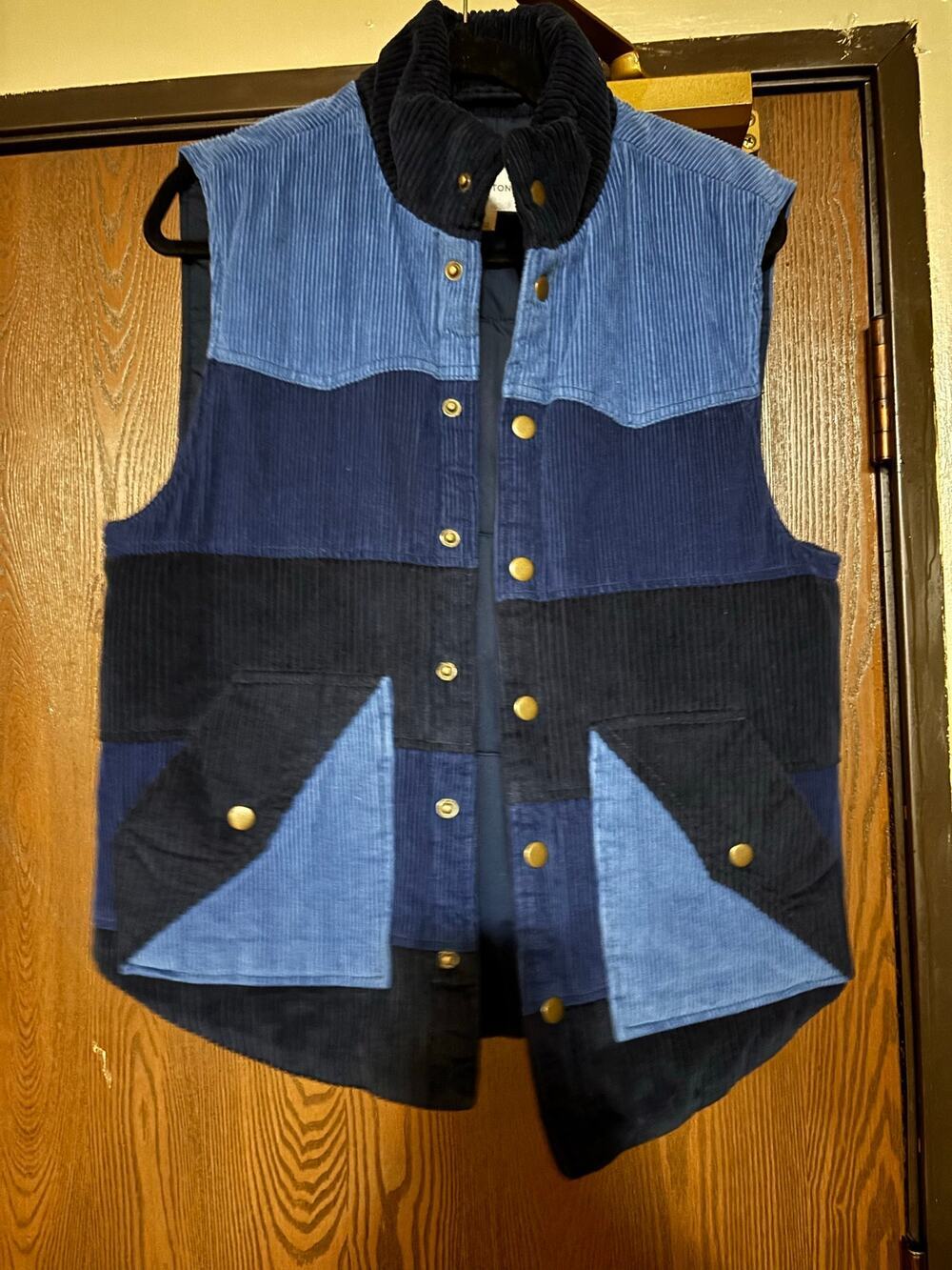NWOT Sun & Stone Blue Cordoroy Cotton Colorblock Button Down Puffer Vest